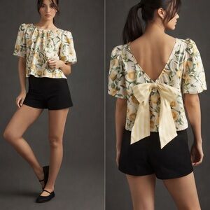 Anthropologie Maeve Citrus Print Bow Back Poplin Top Medium